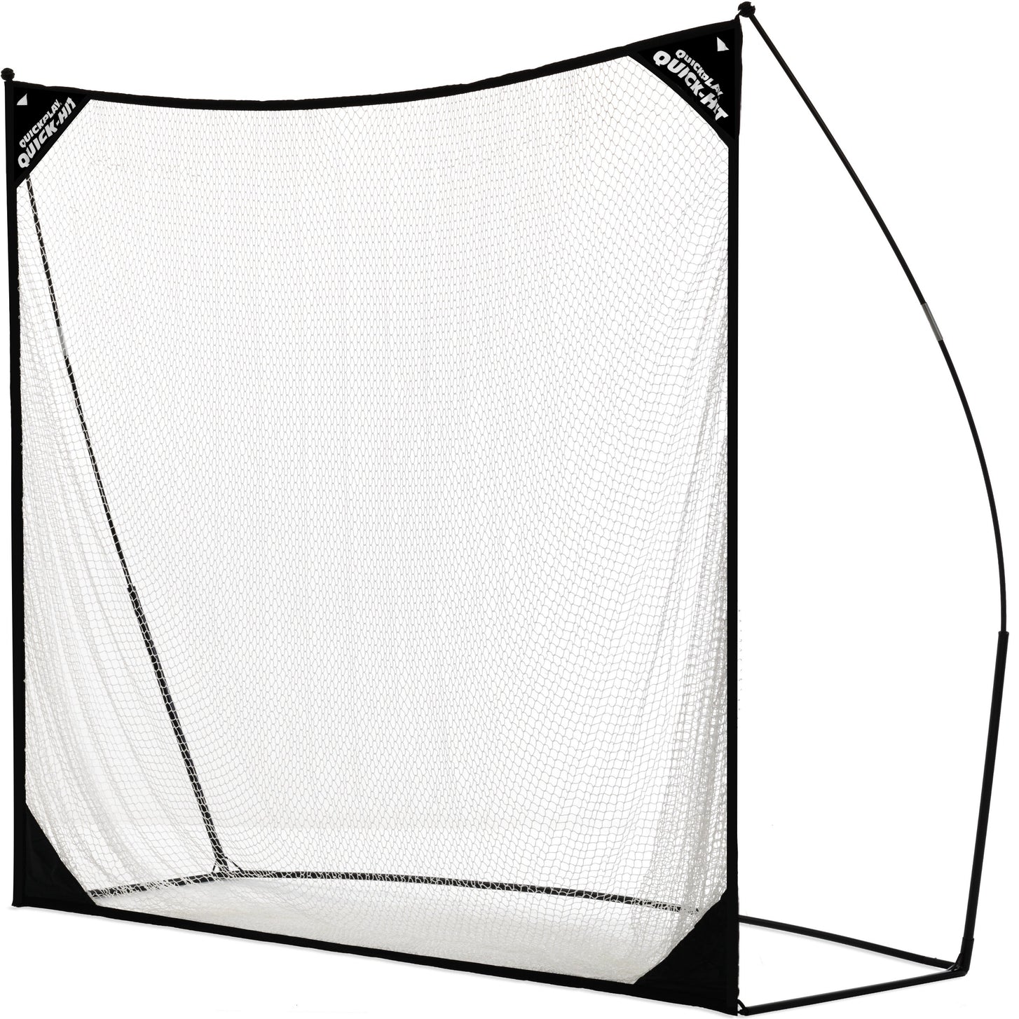 Filet de golf QUICK-HIT 240 x 240 cm avec cadre noir et filet blanc, vu de côté en biais sur fond blanc.