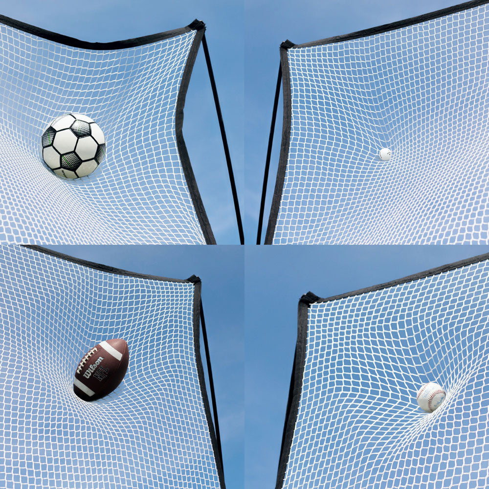 Visuel en quatre vignettes du MEGA NET XL : ballon de football, petite balle blanche, ballon de football américain et balle de baseball tendant le filet.