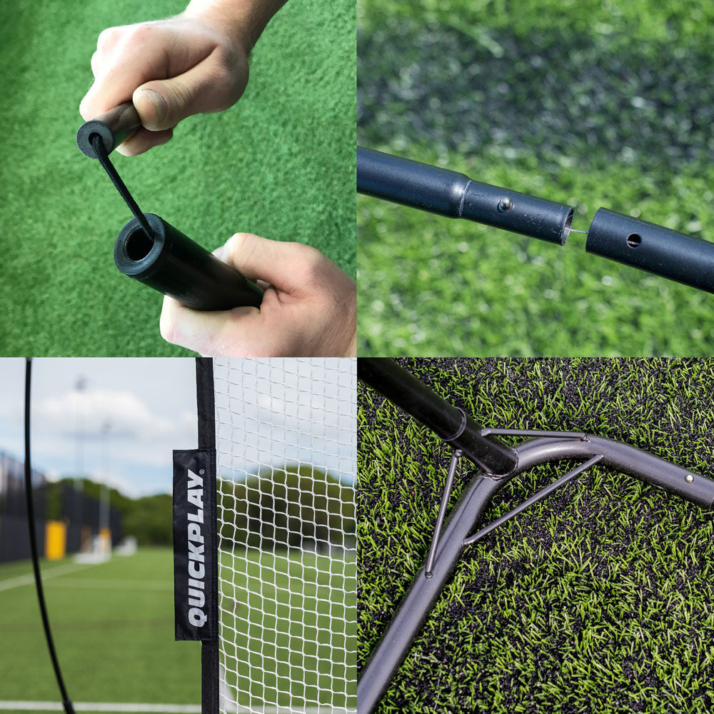 Gros plans de détails du MEGA NET XL : sections de mâts avec cordon élastique, assemblage des mâts, étiquette QUICKPLAY et cadre de base.