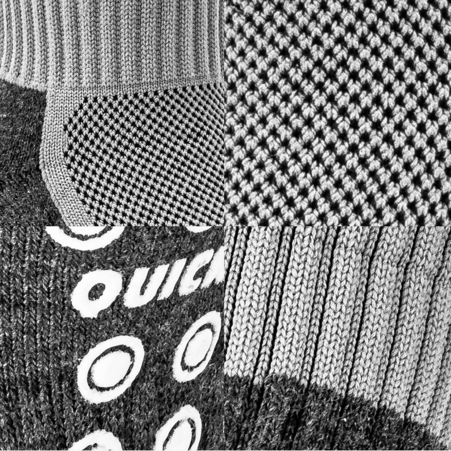 Gros plans du tissu des chaussettes grip QUICKPLAY en quatre vignettes : panneau en maille ajourée, détail de la maille, pastilles antidérapantes et bord-côte.