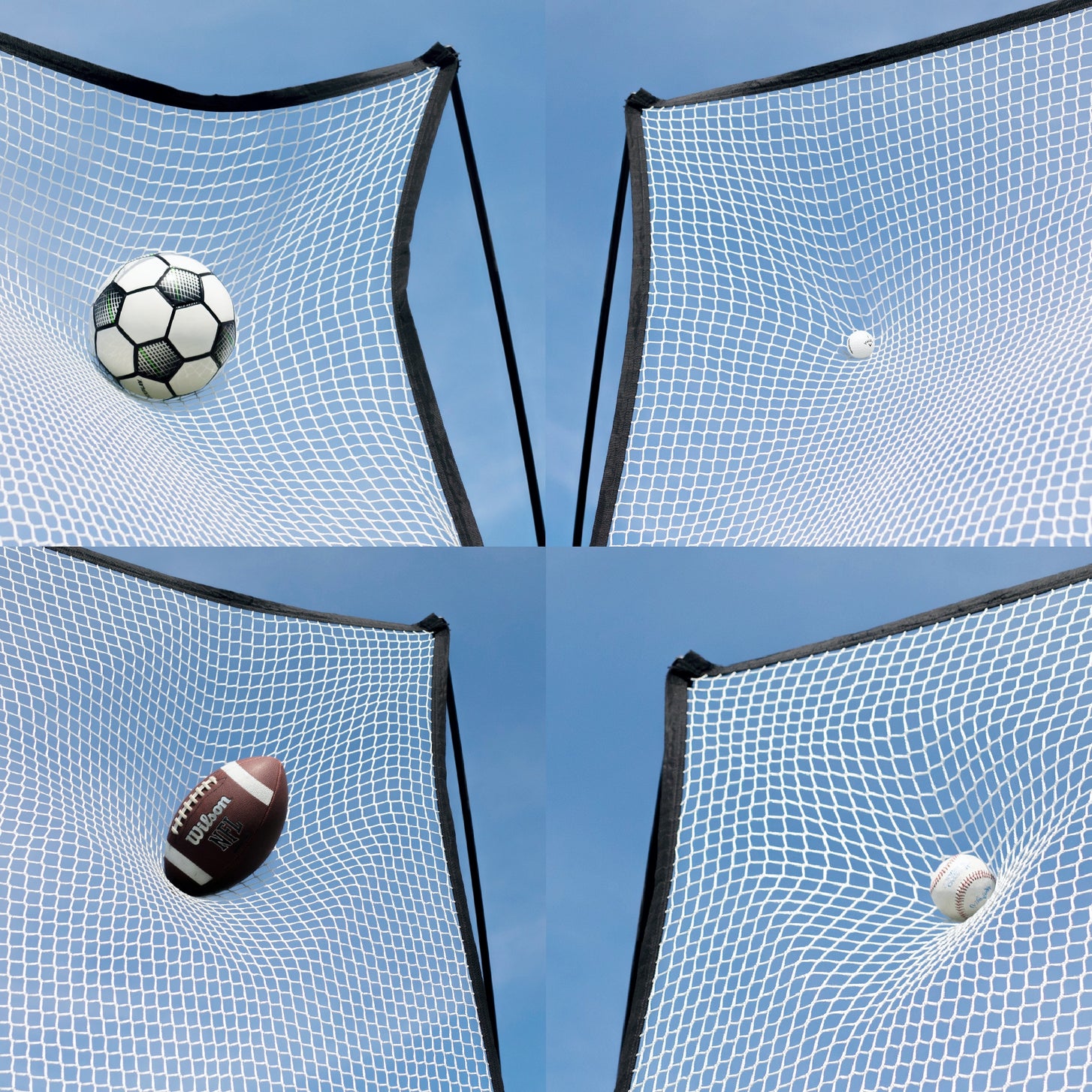 Visuel du filet d'extension 240 x 270 cm pour MEGA NET : quatre ballons de sports différents qui tendent le filet blanc.