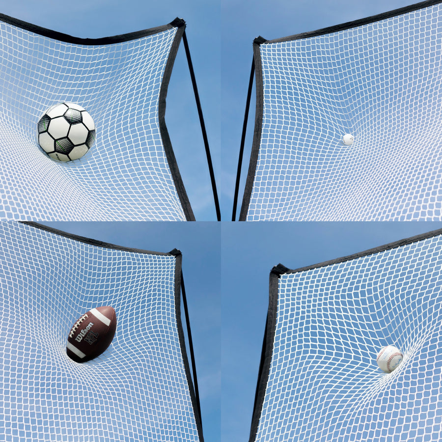 Visuel du filet d'extension 240 x 270 cm pour MEGA NET : quatre ballons de sports différents qui tendent le filet blanc.