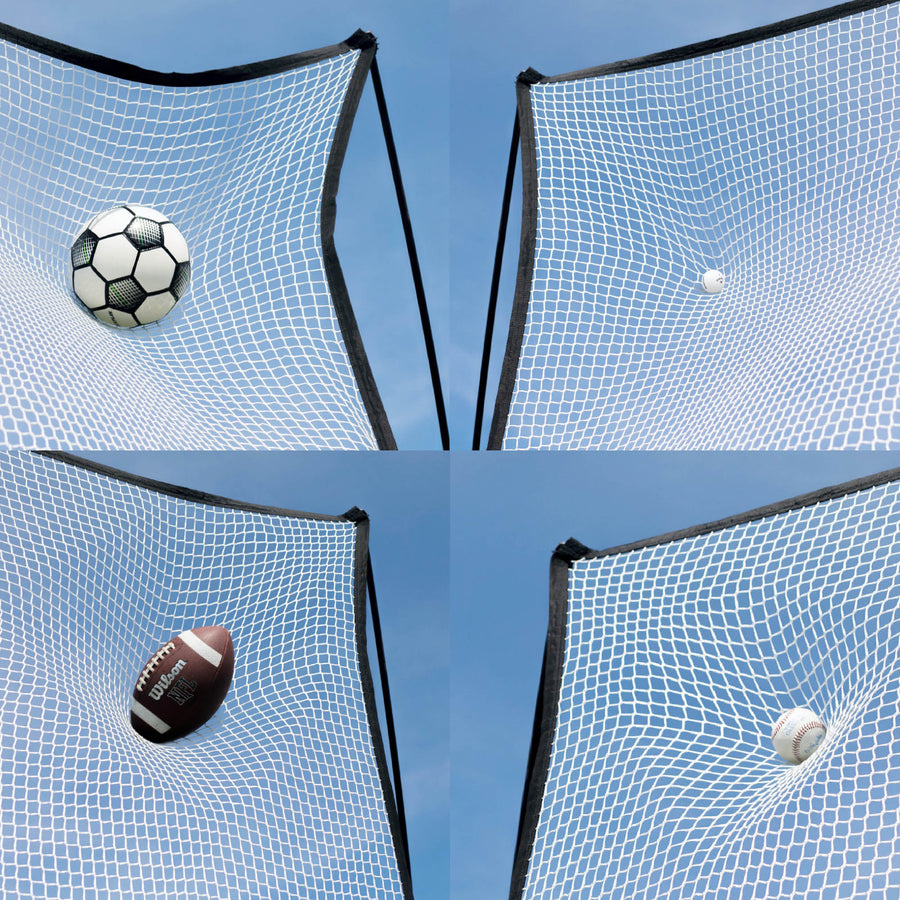Quatre vignettes en gros plan du MEGA NET 370 x 270 cm qui arrête un ballon de football, une balle de golf, un ballon de football américain et une balle de baseball.