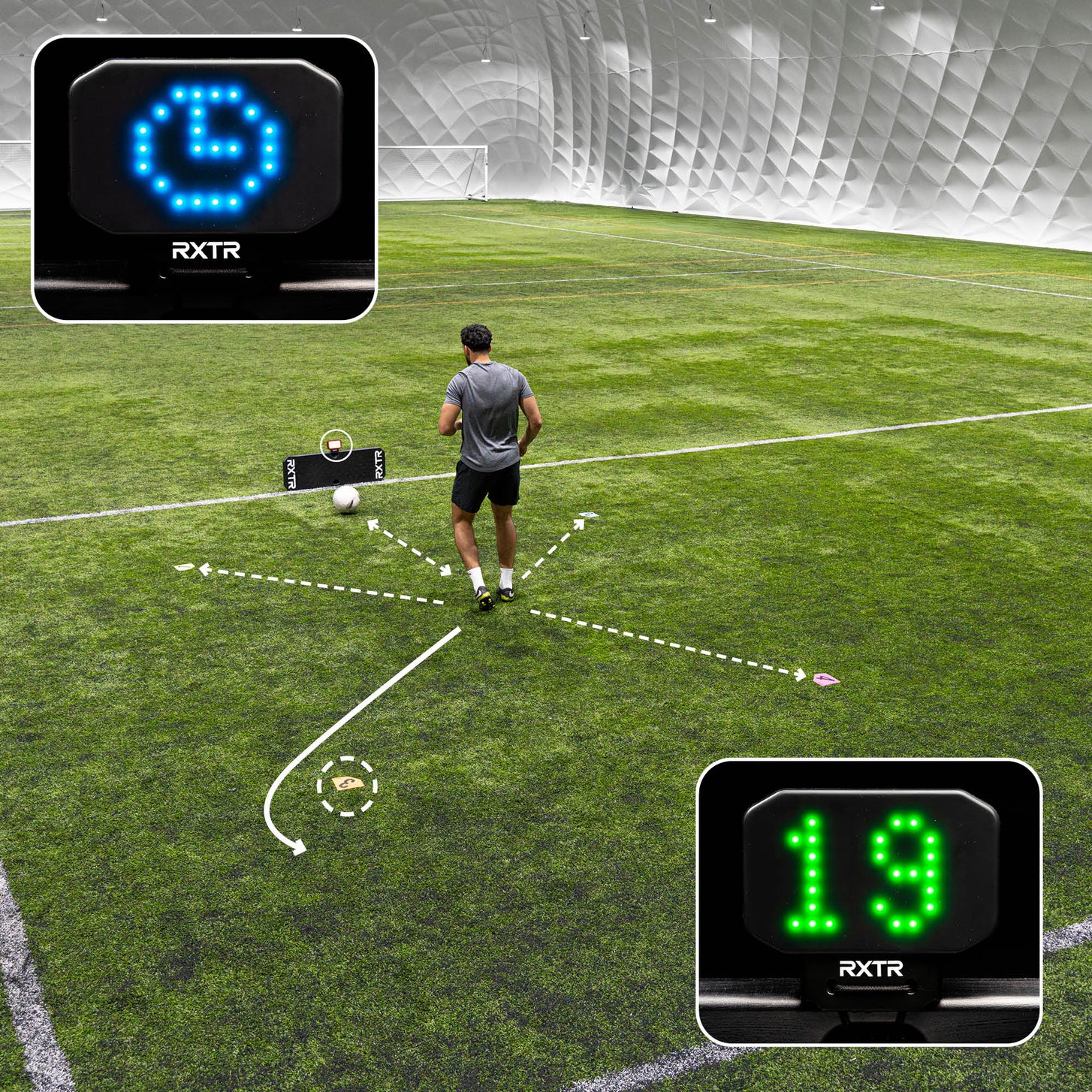 Visuel d'exercice RXTR Pro Coach : joueur sur un terrain en salle avec des flèches, et des encarts d'un chronomètre bleu et d'un score vert de 19.