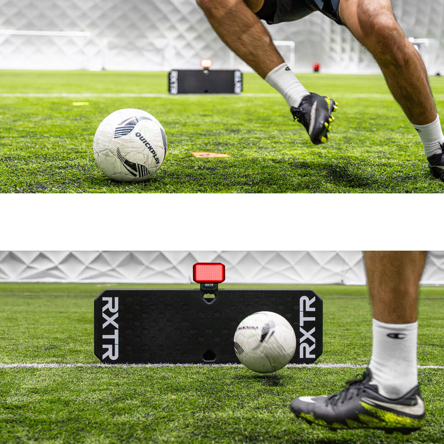 Rebondisseur de football RXTR Pro Coach avec une lumière rouge, sur deux photos d'un joueur qui lui fait une passe en salle.