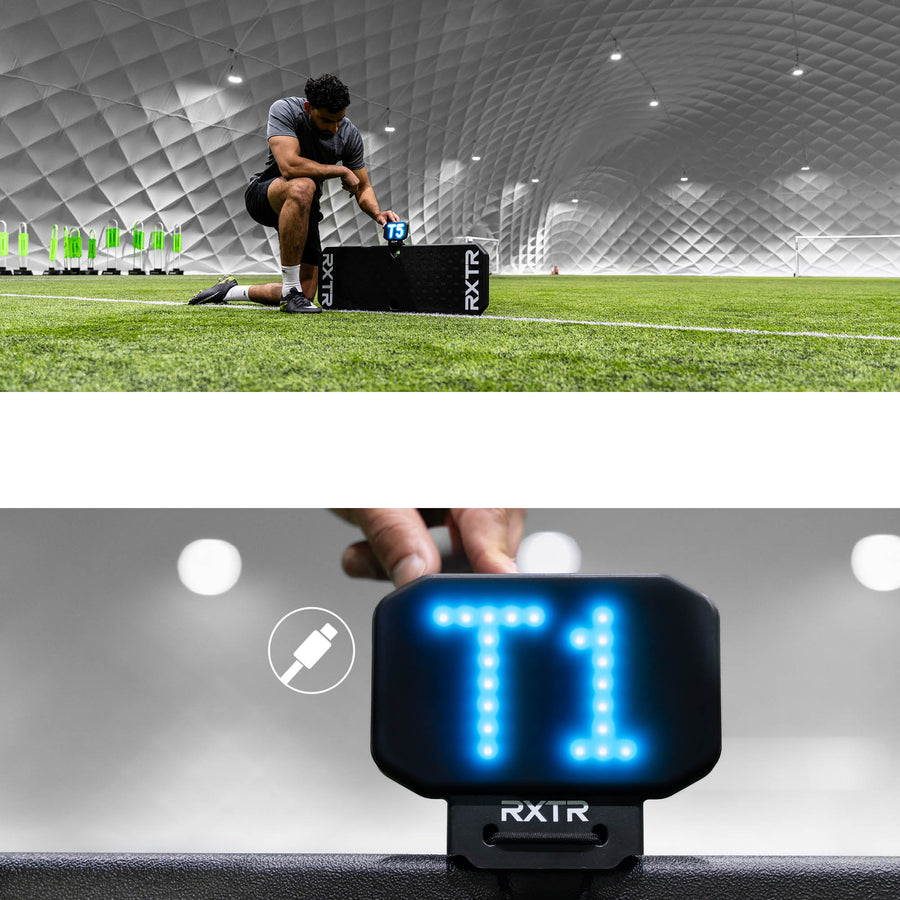 RXTR Pro Coach : joueur plaçant une lumière sur le rebondisseur en salle, et gros plan de la lumière affichant T1 et une icône de câble.