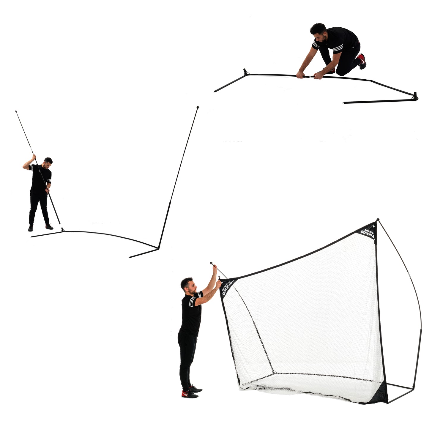 Étapes de montage du filet de golf QUICK-HIT sur fond blanc : un homme étale le cadre, relève le mât en arc et fixe le filet.