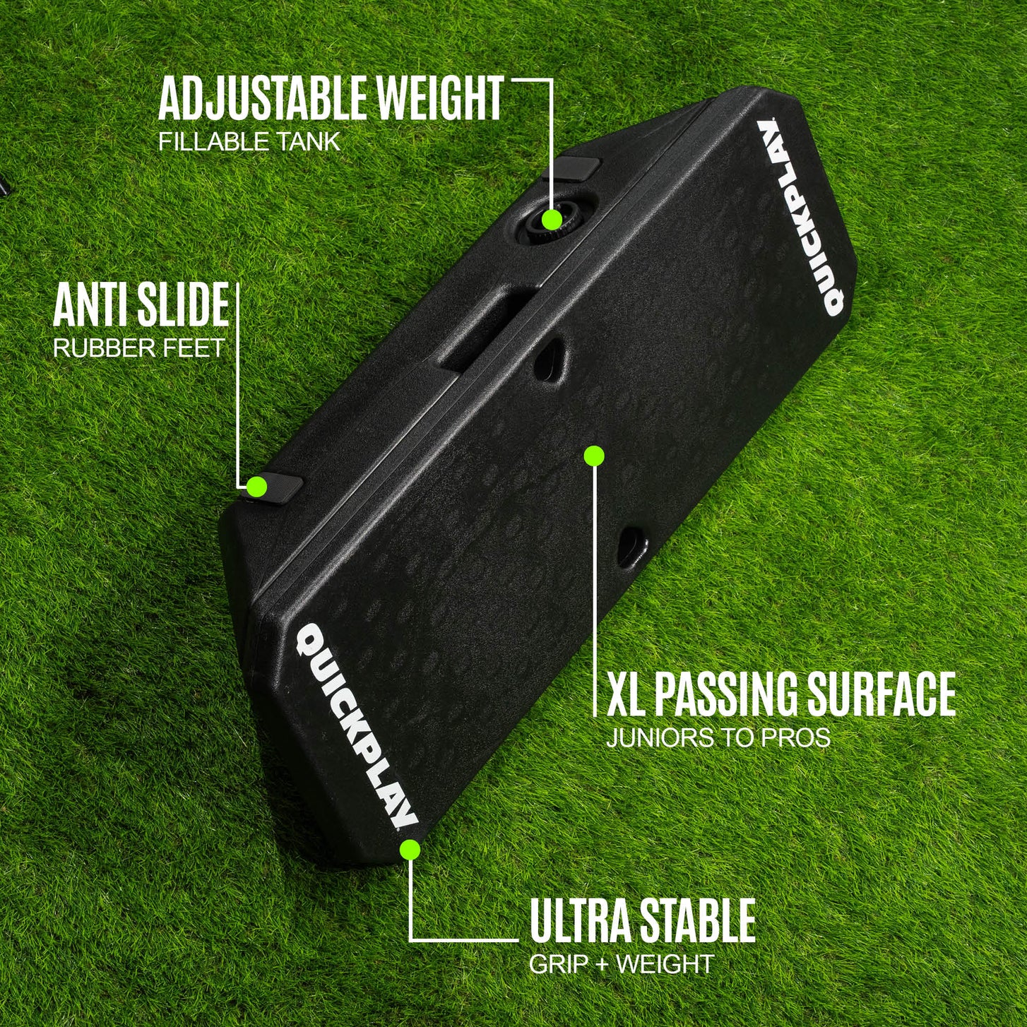 Visuel des caractéristiques REPLAY Boombox : « adjustable weight fillable tank », « anti slide rubber feet », « XL passing surface », « ultra stable ».