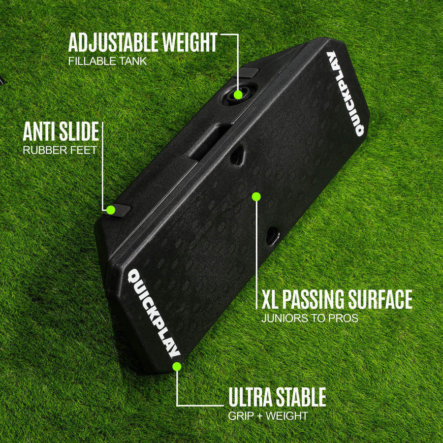 Visuel des caractéristiques REPLAY Boombox : « adjustable weight fillable tank », « anti slide rubber feet », « XL passing surface », « ultra stable ».
