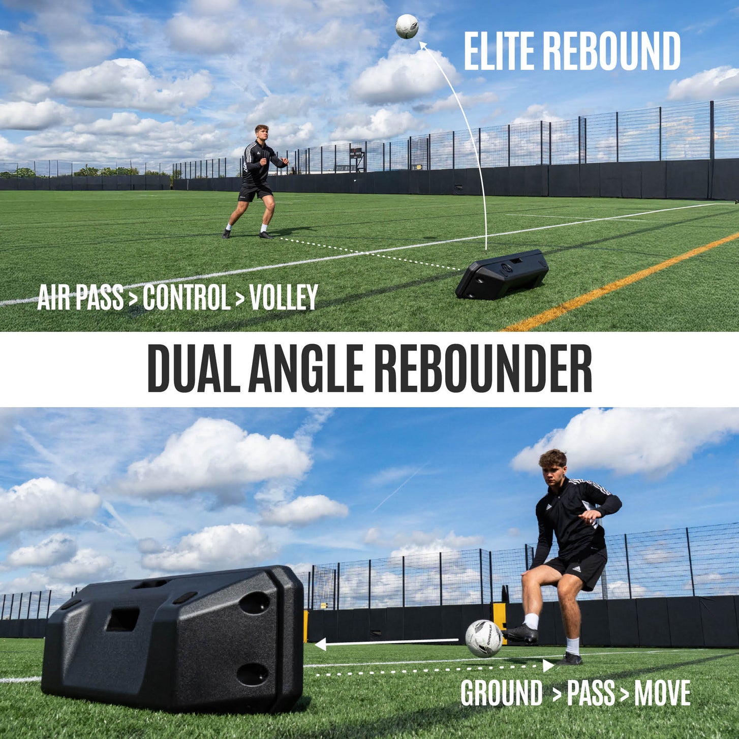 Visuel du rebondisseur à double angle REPLAY Boombox : « air pass, control, volley » en haut, et « ground pass, move » en bas.