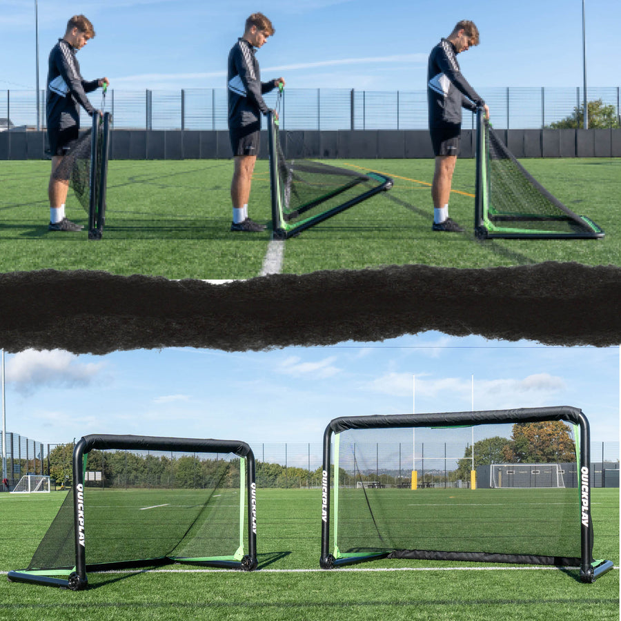 Joueur dépliant le but RHINO 120 x 75 cm en trois étapes, au-dessus de deux buts pliables QUICKPLAY installés, de tailles différentes.