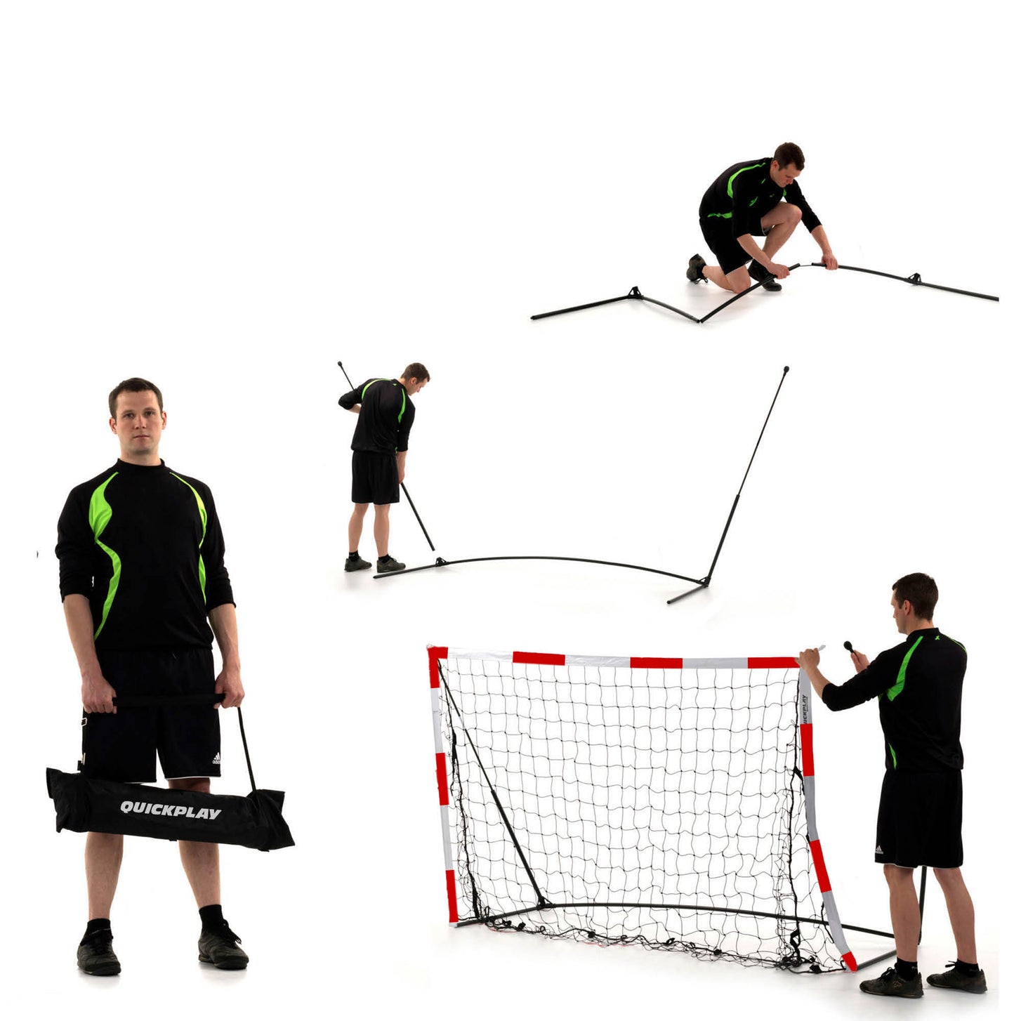 Étapes de montage du but de handball transportable 300 x 200 cm sur fond blanc : un homme tient le sac QUICKPLAY, étale le cadre et fixe le filet.
