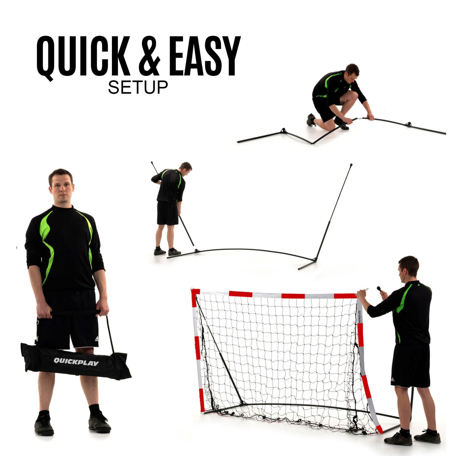 Étapes de montage du but de minihand transportable 240 x 170 cm : un homme porte un sac noir QUICKPLAY, puis monte le cadre, avec le texte « quick & easy setup ».