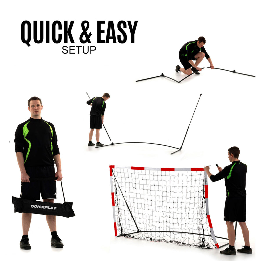Étapes de montage du but de minihand transportable 240 x 170 cm : un homme porte un sac noir QUICKPLAY, puis monte le cadre, avec le texte « quick & easy setup ».