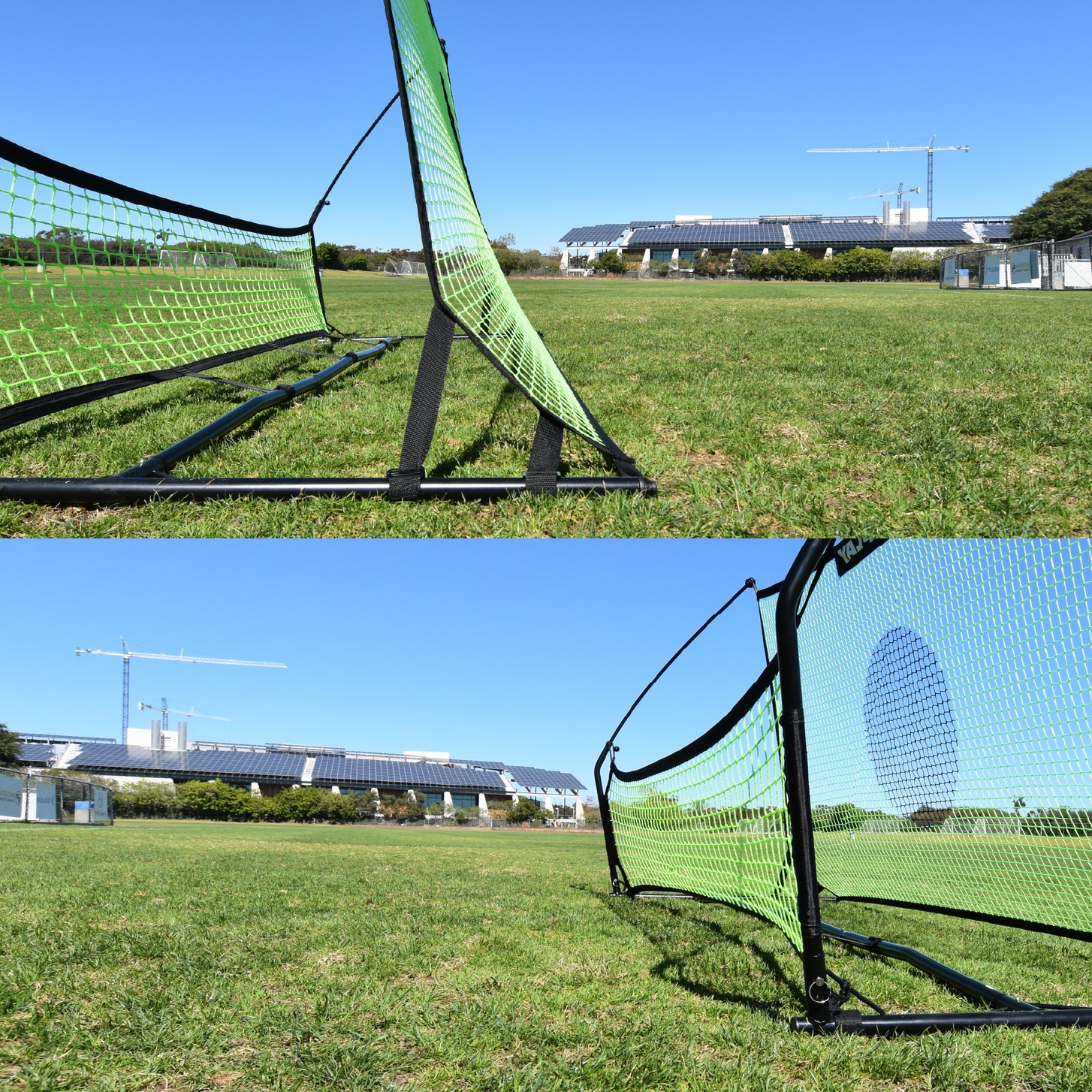 TEKKERS Trainer en deux vignettes : gros plans en contre-plongée du cadre noir et des filets verts posés sur l'herbe.